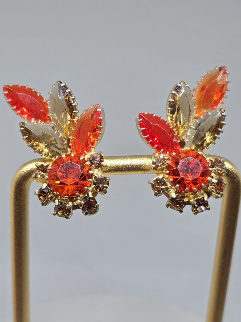 Vintage Prong Set Navette Earrings Fall Colors Bright Orange Browns Goldtone